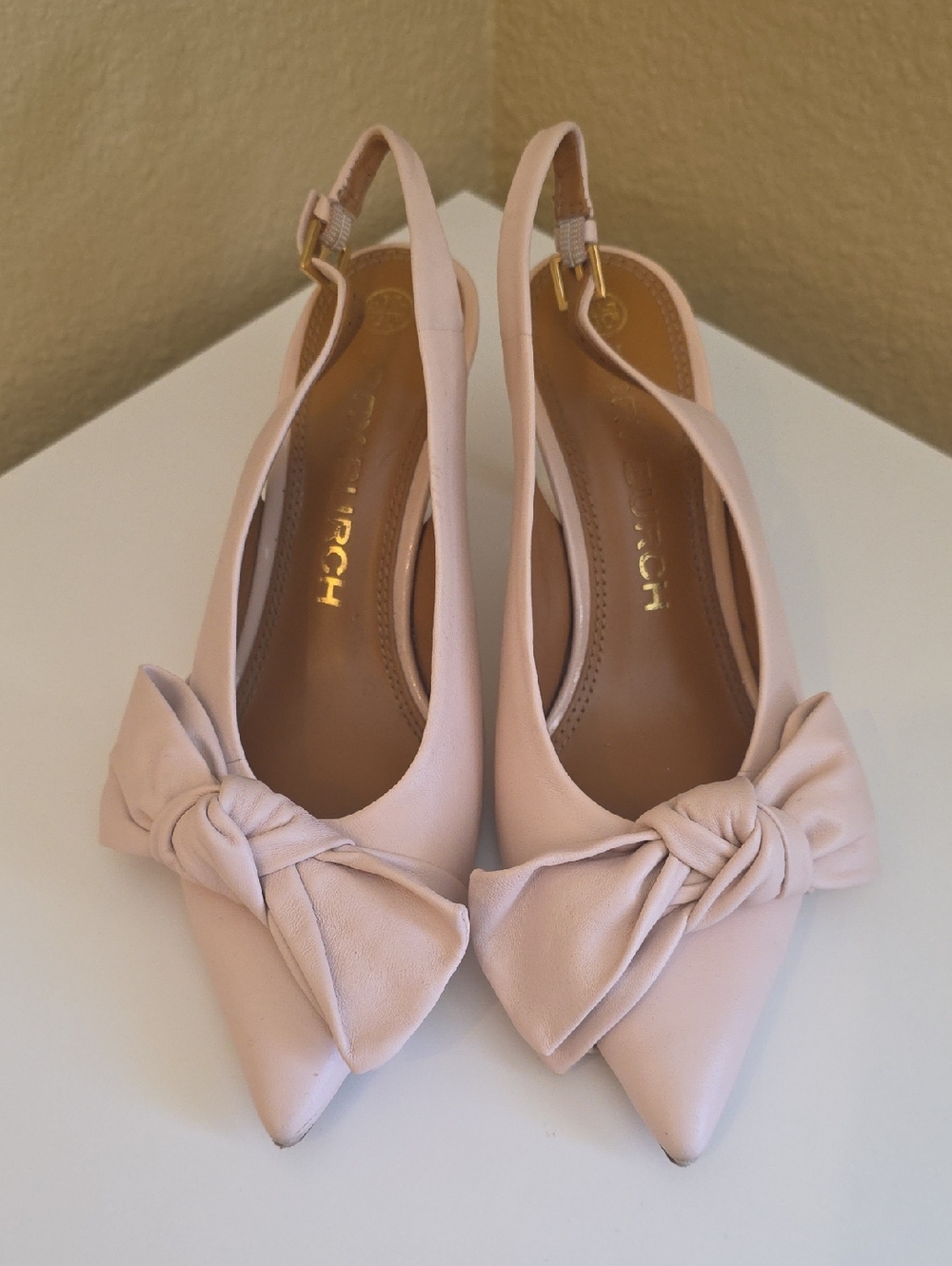 Tory Burch Blush Pink Pointed-Toe Slingback Flats with Knotted Bow